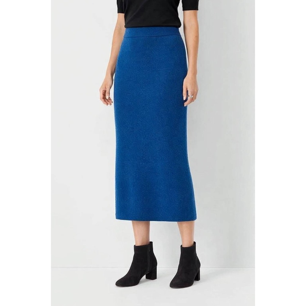 Ann Taylor 100% Cashmere Column Pencil Midi Teal Blue Thick Knit Sweater Skirt M